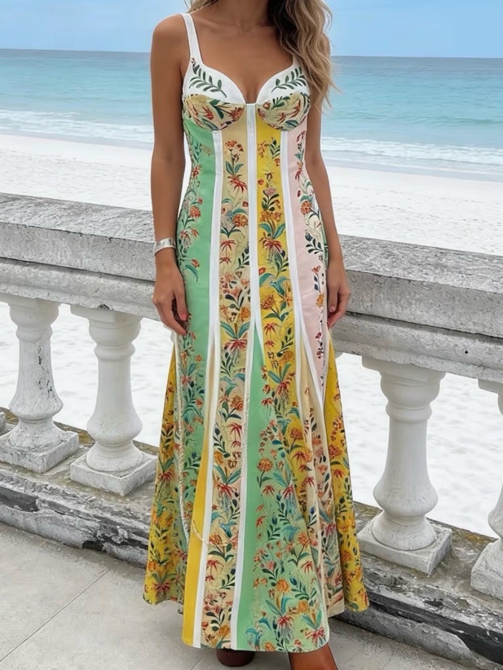 Bohemian Floral Panel Maxi Dress in Green/Yellow - Women